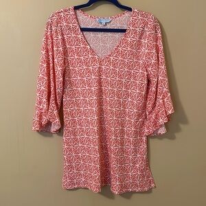 Escapada Living Coral and White Print Tunic Dress with Flared Sleeves Size S